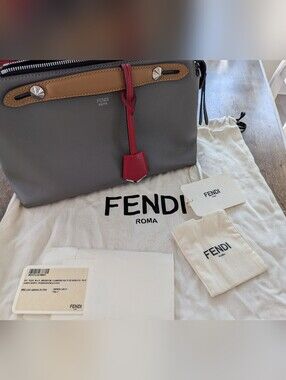 Fendi By The Way Medium Tricolor Leather Satchel Crossbody Bag Grey Red Tan